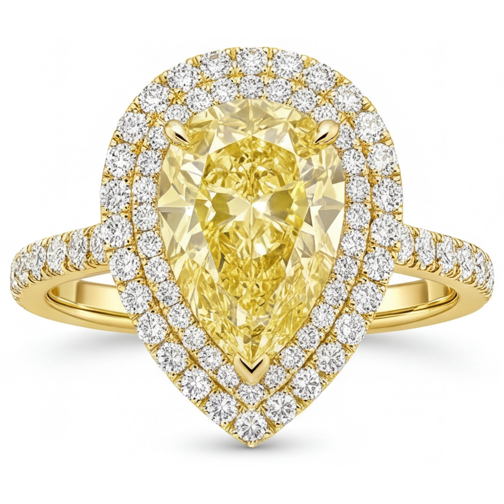 Diamante Giallo Canarino Taglio a Pera Anello di Fidanzamento Halo in Oro Giallo 14K – vista principale