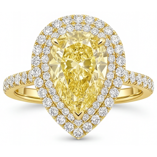 Diamante Giallo Canarino Taglio a Pera Anello di Fidanzamento Halo in Oro Giallo 14K – vista principale