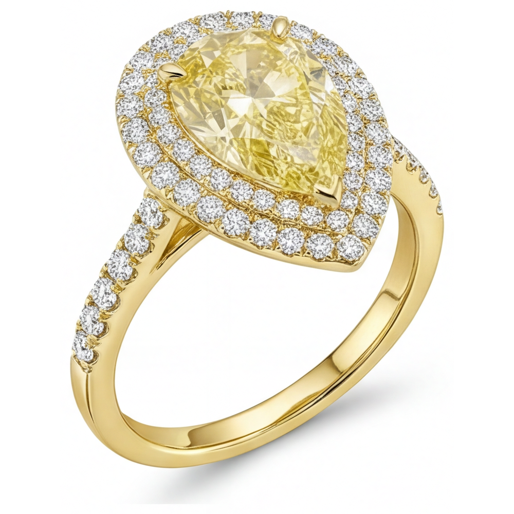 Diamante Giallo Canarino Anello di Fidanzamento Halo 2,50-carati Oro Giallo 14K – vista laterale