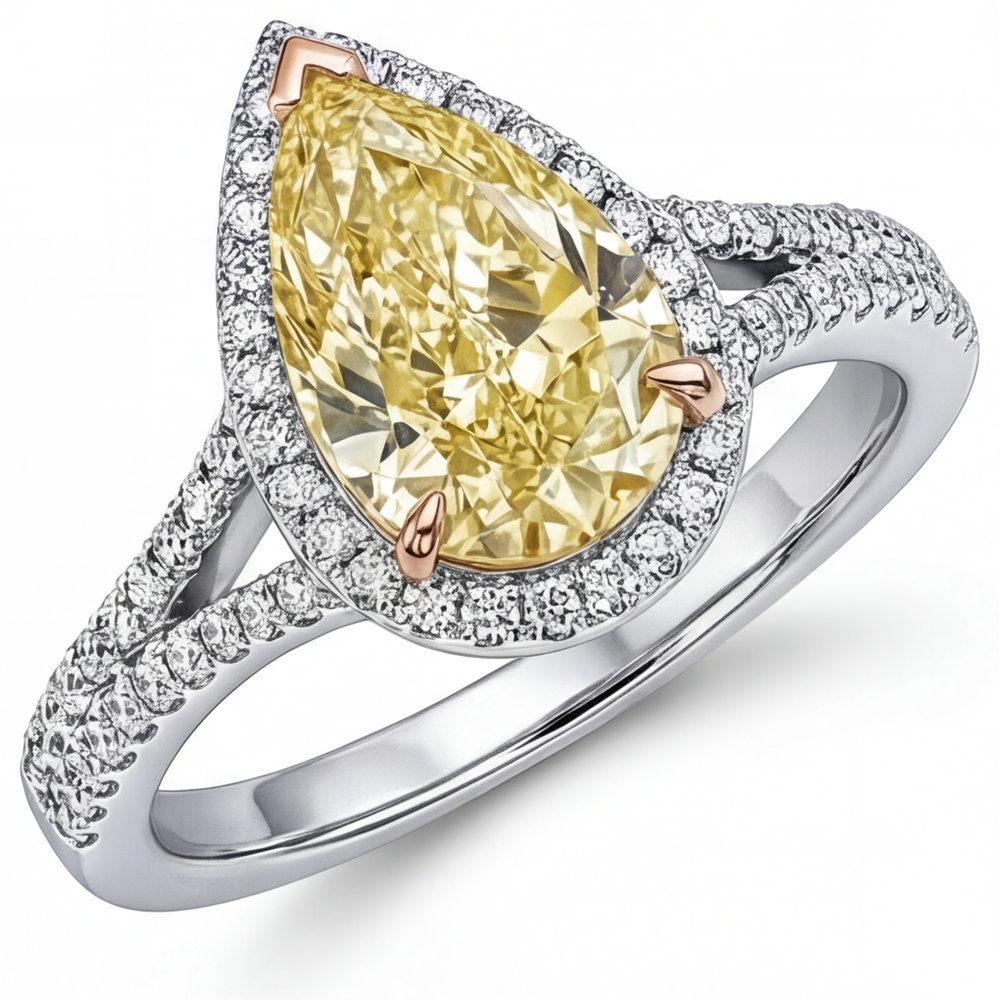 Diamante Giallo Canarino Goccia Anello di Fidanzamento Halo in Oro Bicolore 14K – vista frontale