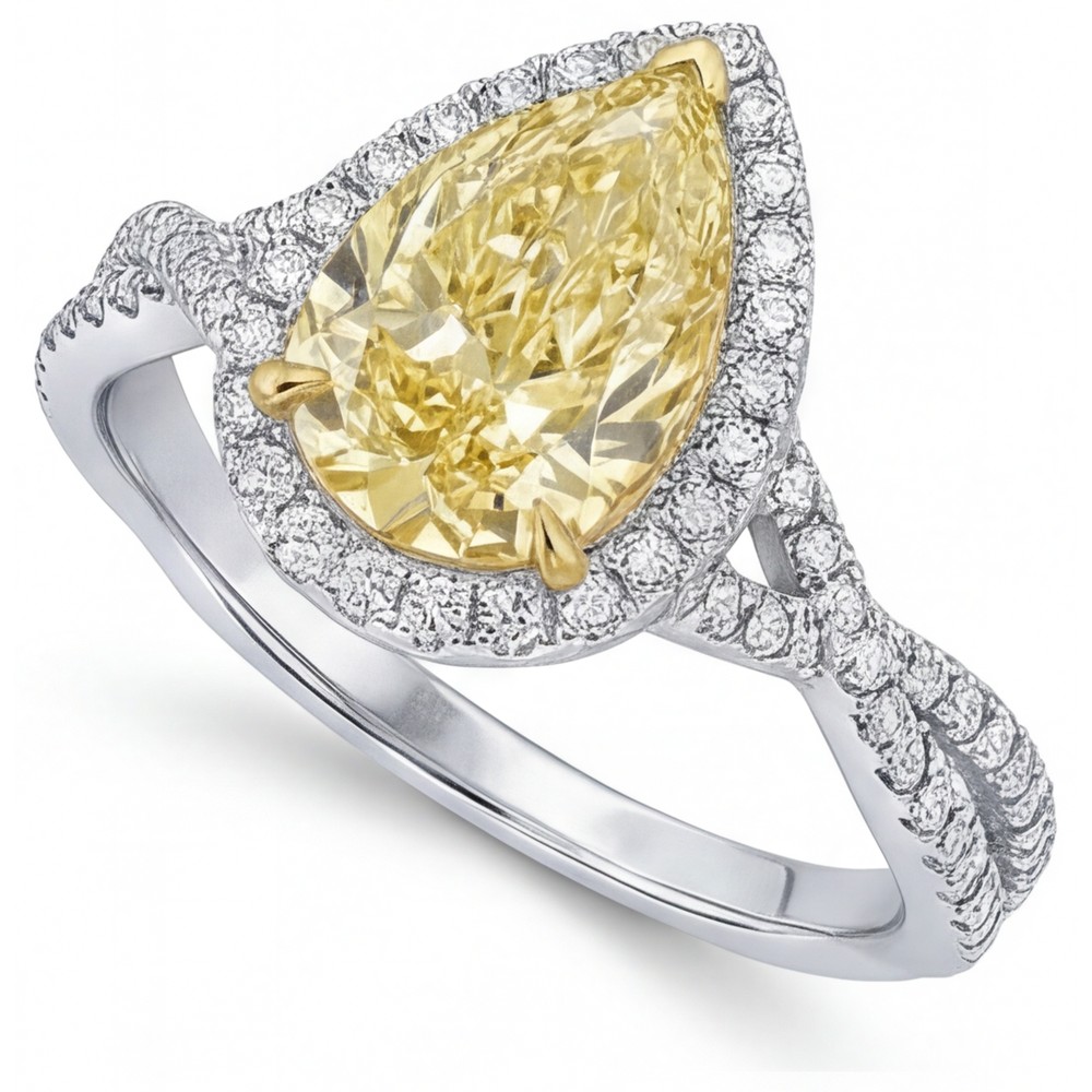 Anello Halo Oro 14 Carati Bicolore con Diamante Giallo Canarino – vista angolare