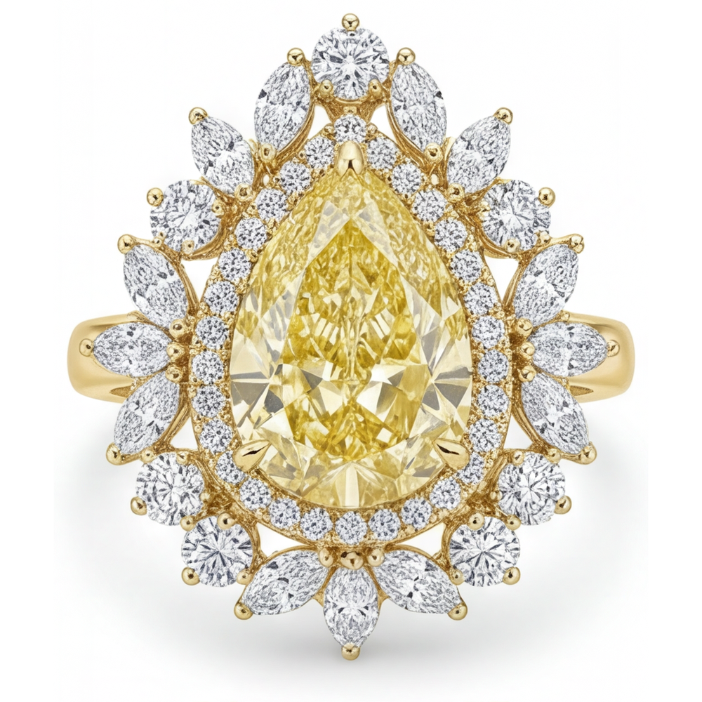 Diamante Giallo Canarino Goccia Anello Halo in Oro 14 Carati Giallo – vista principale
