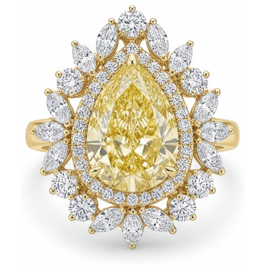 Diamante Giallo Canarino Goccia Anello Halo in Oro 14 Carati Giallo – vista principale