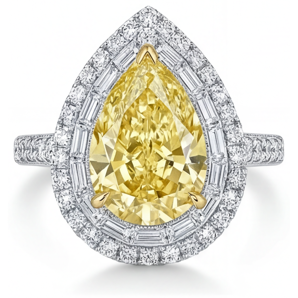 Diamante Giallo Canarino Anello Halo 3-carati Oro 14 Carati Bicolore – vista principale