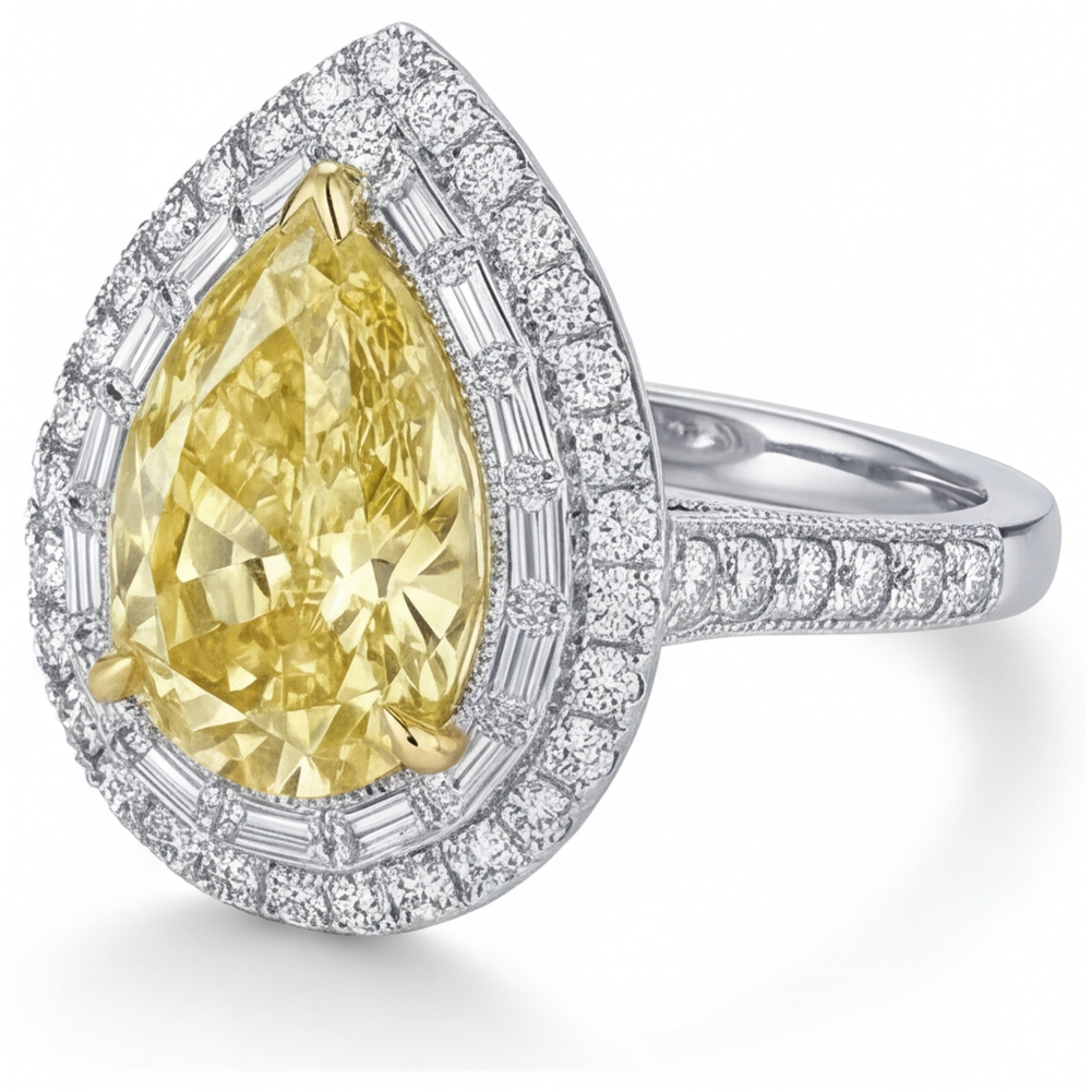 Anello Halo Oro 14 Carati Bicolore con Diamante Giallo Canarino – vista laterale