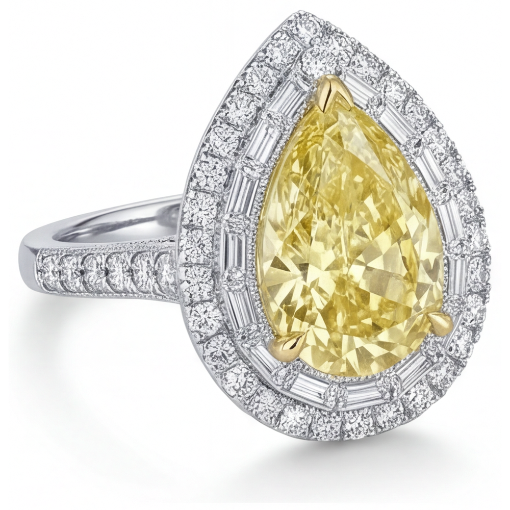 Anello Halo Oro 14 Carati Bicolore con Diamante Giallo Canarino – vista angolare