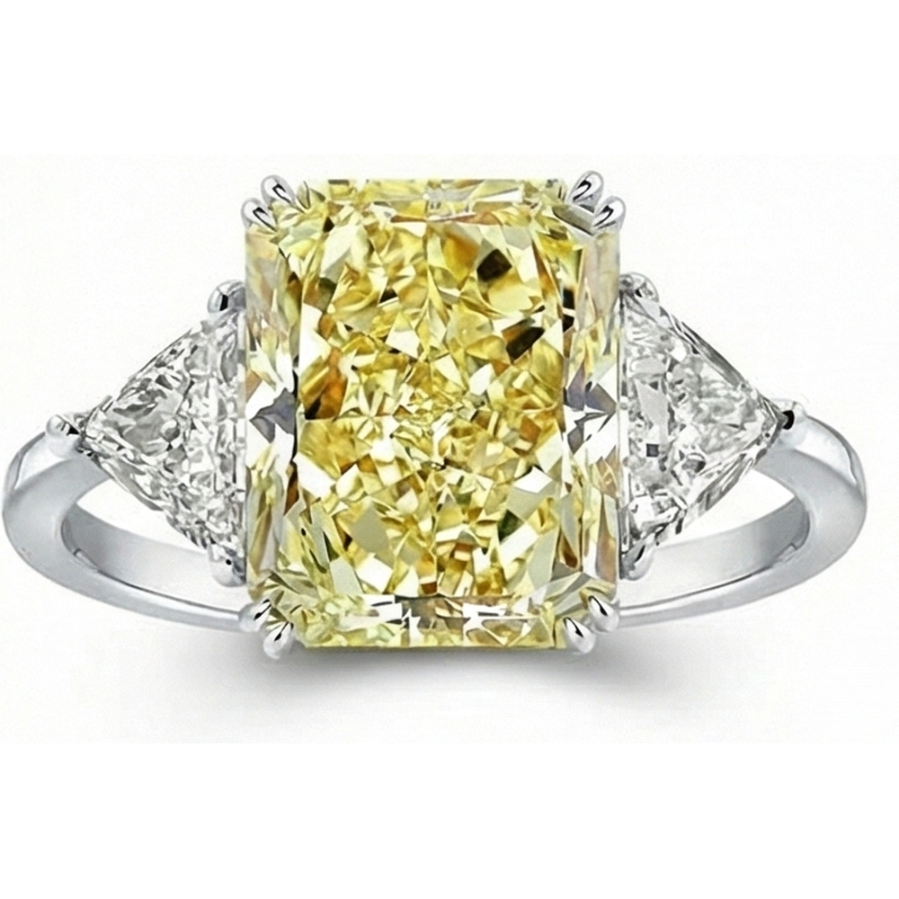 Diamante Giallo Canarino Anello Tre Pietre 4 carati Oro 14 Carati Bianco – vista frontale