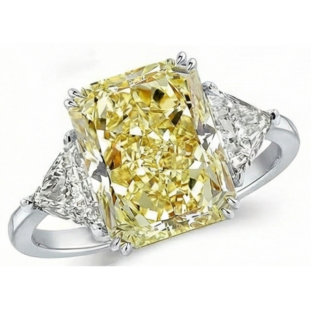 Diamante Giallo Canarino Anello Tre Pietre 4 carati Oro 14 Carati Bianco – vista laterale