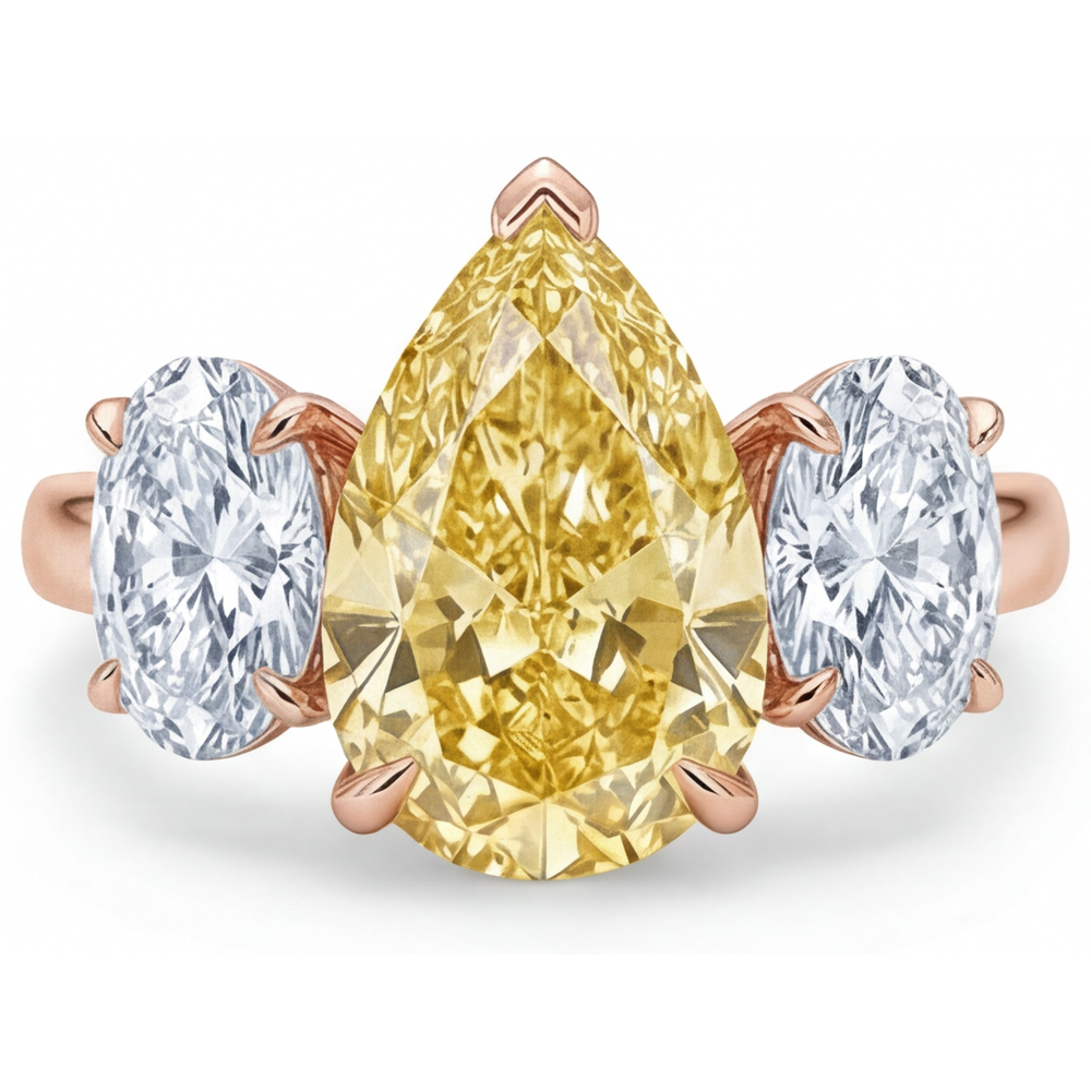 Diamante Giallo Canarino Goccia Trilogia in Oro Rosa 14K – vista frontale