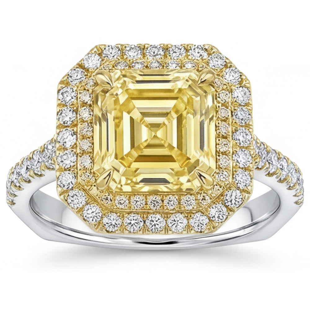 Diamante Giallo Fancy Taglio Asscher Anello con Pavé Halo in Oro Due Toni 14K – vista principale