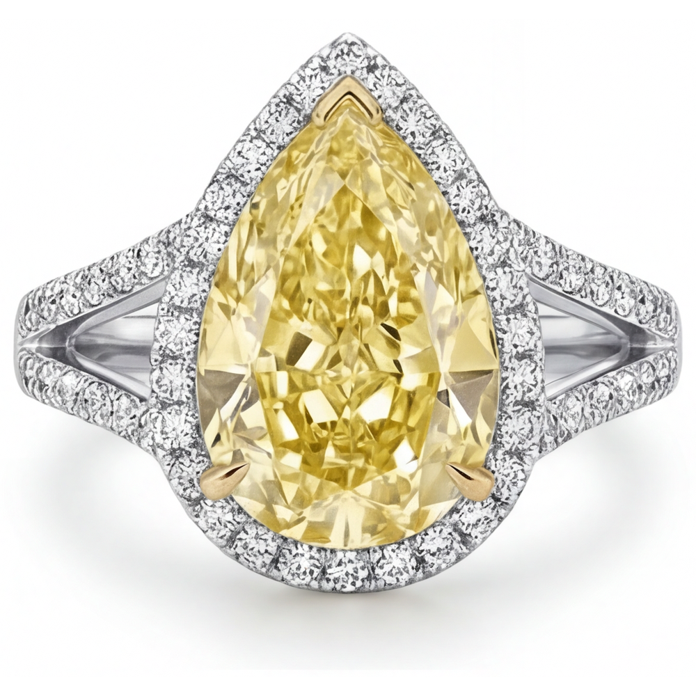 Diamante Giallo Fancy Anello di Fidanzamento Halo 3 carati Oro 14 Carati Bicolore – vista frontale