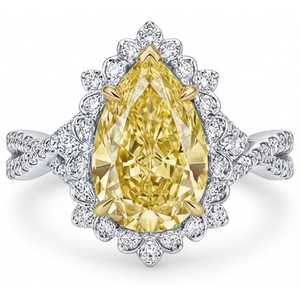 Diamante Giallo Fancy Anello di Fidanzamento Halo 3-carati Oro Due Toni 14K – vista frontale