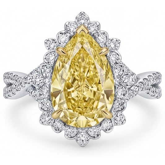 Diamante Giallo Fancy Anello di Fidanzamento Halo 3-carati Oro Due Toni 14K – vista frontale