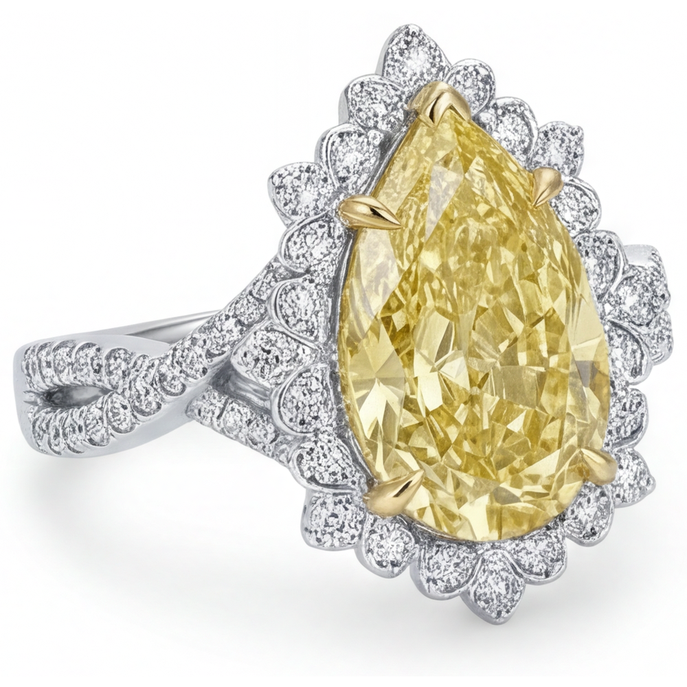 Diamante Giallo Fancy Anello di Fidanzamento Halo 3 carati Oro Due Toni 14K – vista laterale
