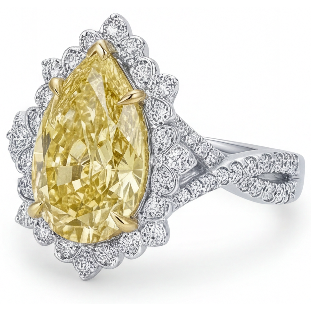 Elegante Diamante Giallo Fancy Anello di Fidanzamento Halo 3 carati – vista angolare