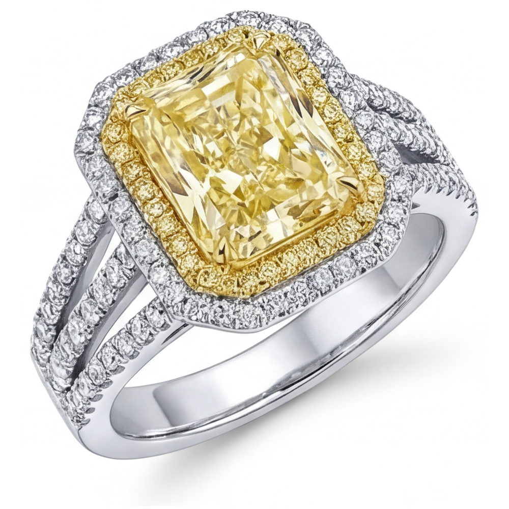 Diamante Giallo Fancy Taglio Radiant Anello di Fidanzamento Halo in Oro 14 Carati Bicolore – vista principale