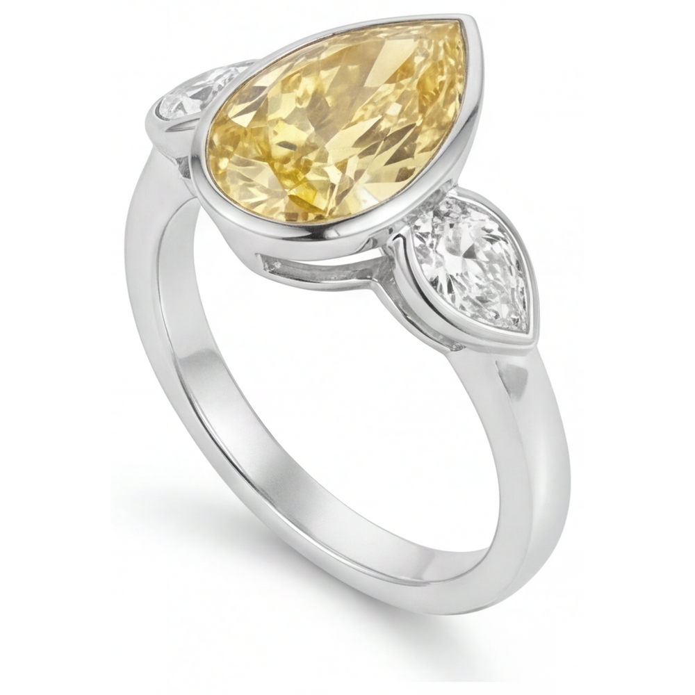 Diamante Giallo Fancy Goccia Anello Gioielleria in Oro 14 Carati Bianco – vista laterale