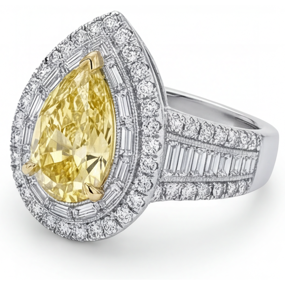 Anello Halo Oro 14 Carati Bicolore con Diamante Giallo Fancy – vista laterale