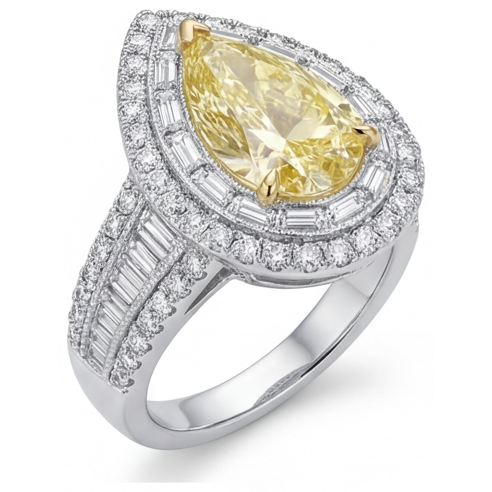 Taglio a Pera Diamante Giallo Fancy anello in Oro 14 Carati Bicolore – vista profilo