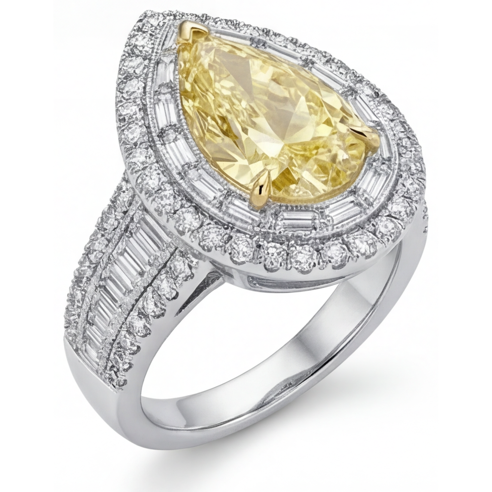 Diamante Giallo Fancy Taglio a Pera Anello Halo in Oro 14 Carati Bicolore – vista dall'alto
