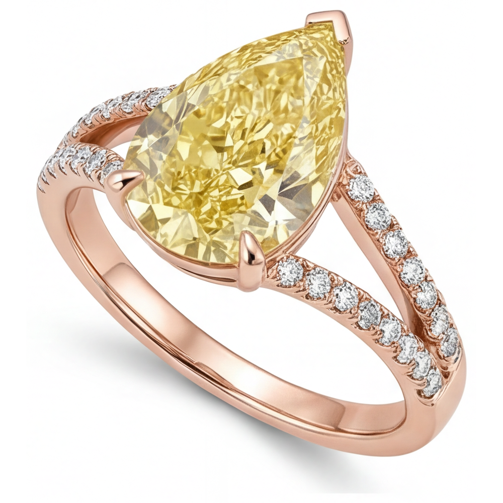 Diamante Giallo Fancy Anello Solitario con Accenti – vista laterale