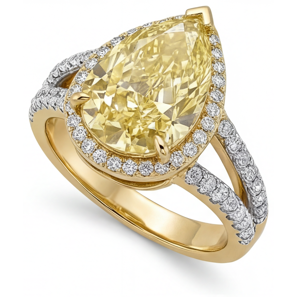 Di lusso Diamante Giallo Fancy Anello Statement 4,25 carati – vista laterale