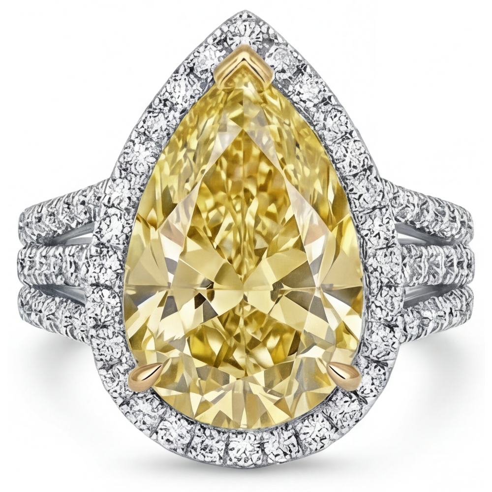 Goccia Diamante Giallo Fancy anello in Oro 14 Carati Bicolore – vista frontale