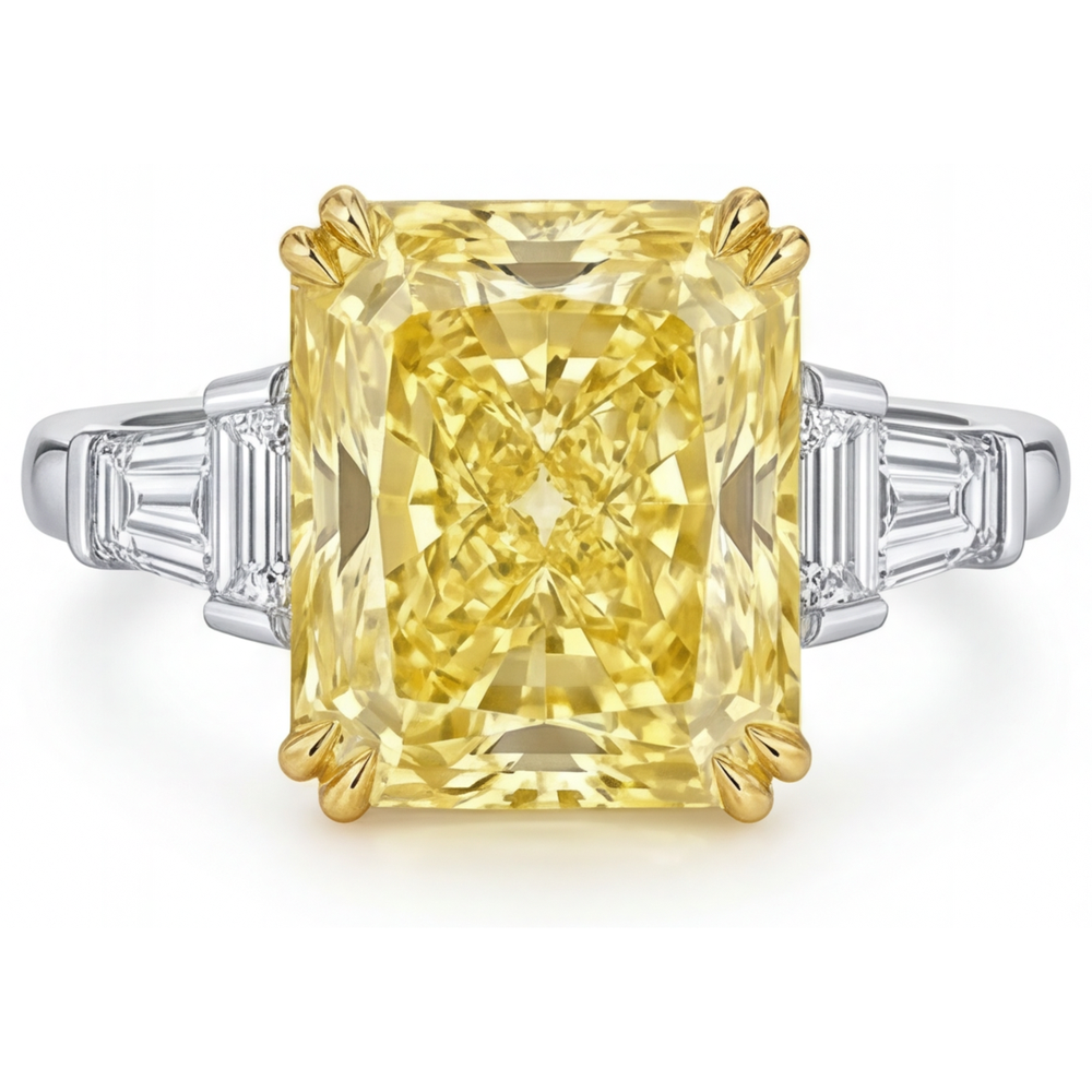 Diamante Giallo Fancy Radiant Anello Trilogy in Oro Due Toni 14K – vista principale