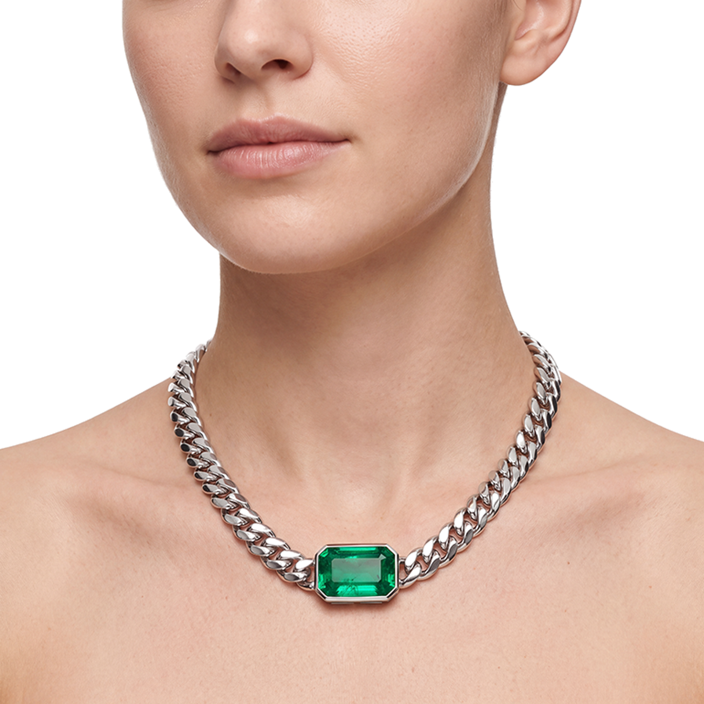 Collana a maglia cubana Miami con smeraldo scorrevole orizzontale in oro 27 carati