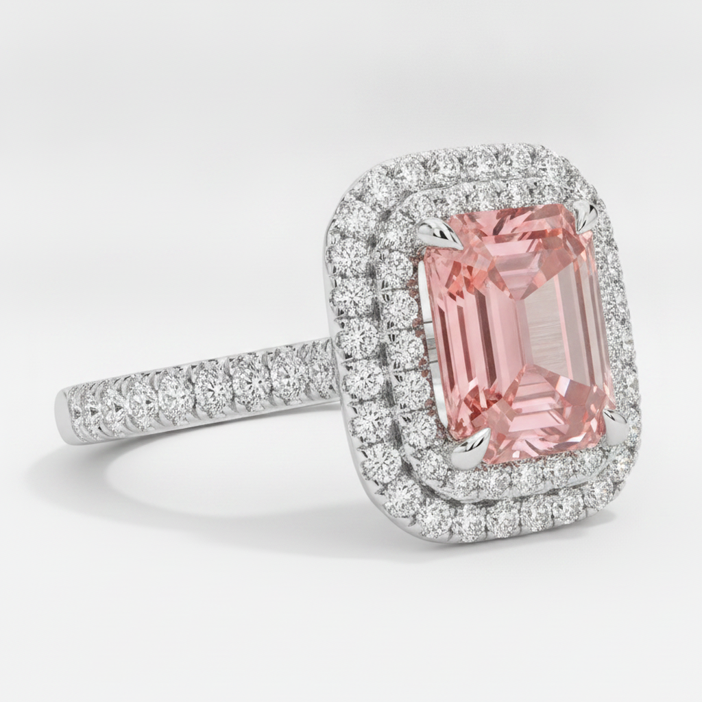 Anello con Zaffiro Padparadscha da 3,8 Carati e Doppio Halo di Smeraldi Naturali in Oro Bianco 14K