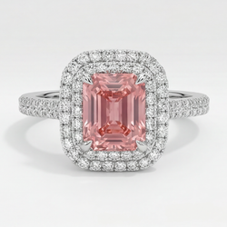 Anello con Zaffiro Padparadscha da 3,8 Carati e Doppio Halo di Smeraldi Naturali in Oro Bianco 14K