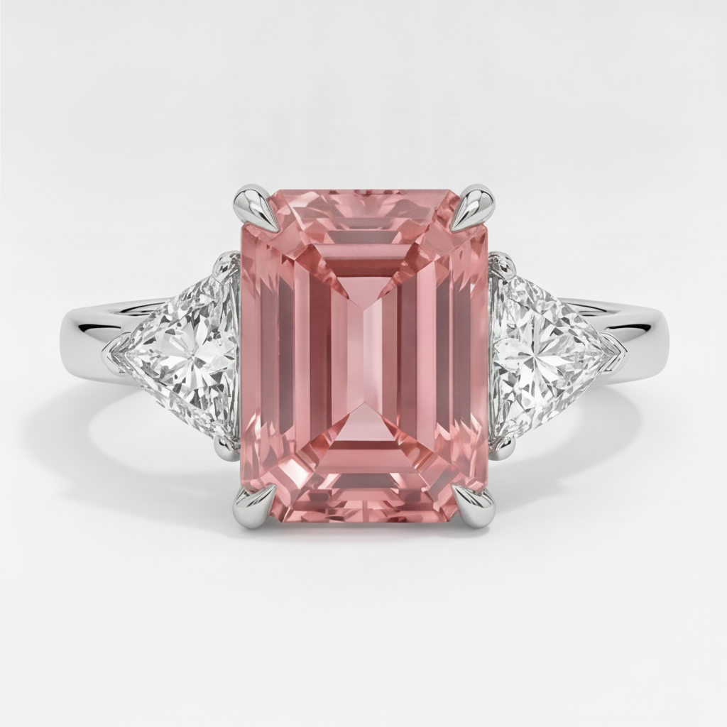 Anello a tre pietre in platino con zaffiro Padparadscha da 3,6 carati, vero smeraldo e trilliant bianco
