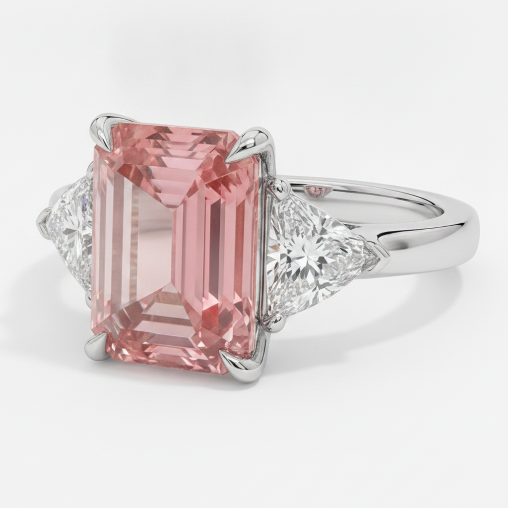 Anello a tre pietre in platino con zaffiro Padparadscha da 3,6 carati, vero smeraldo e trilliant bianco