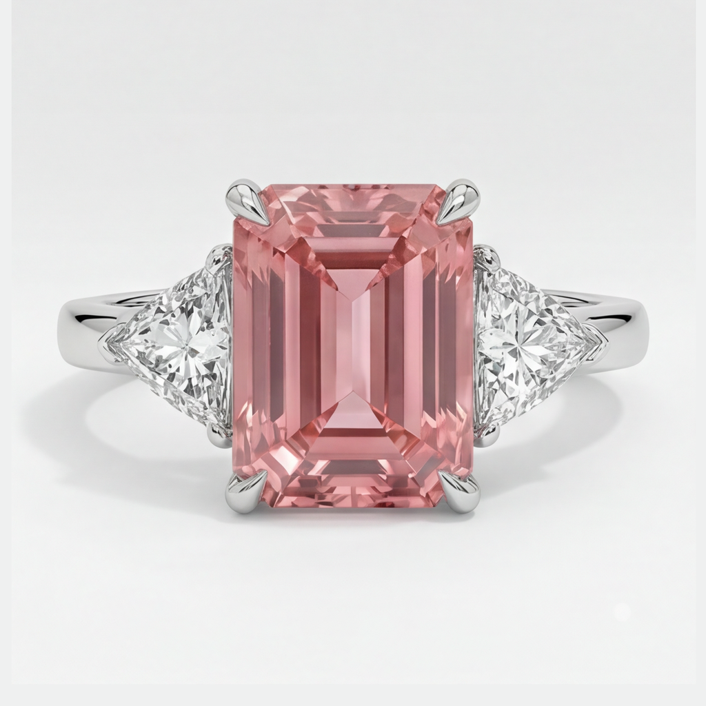 Anello a tre pietre in platino con zaffiro Padparadscha da 3,6 carati, vero smeraldo e trilliant bianco