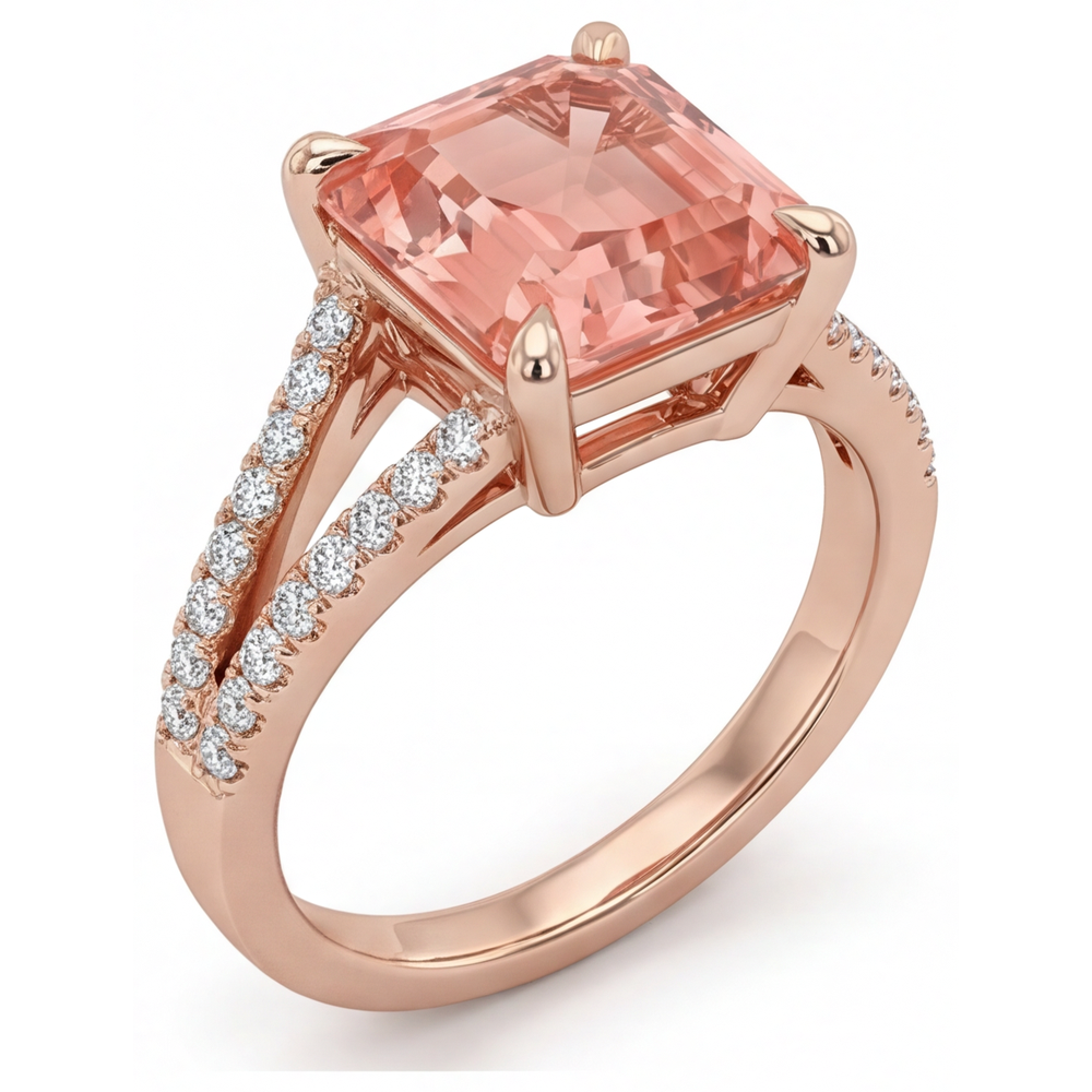 Anello di Fidanzamento con Zaffiro Pesca Padparadscha Taglio Smeraldo da Laboratorio da 4,3 Carati con Pavé in Oro Rosa 14K