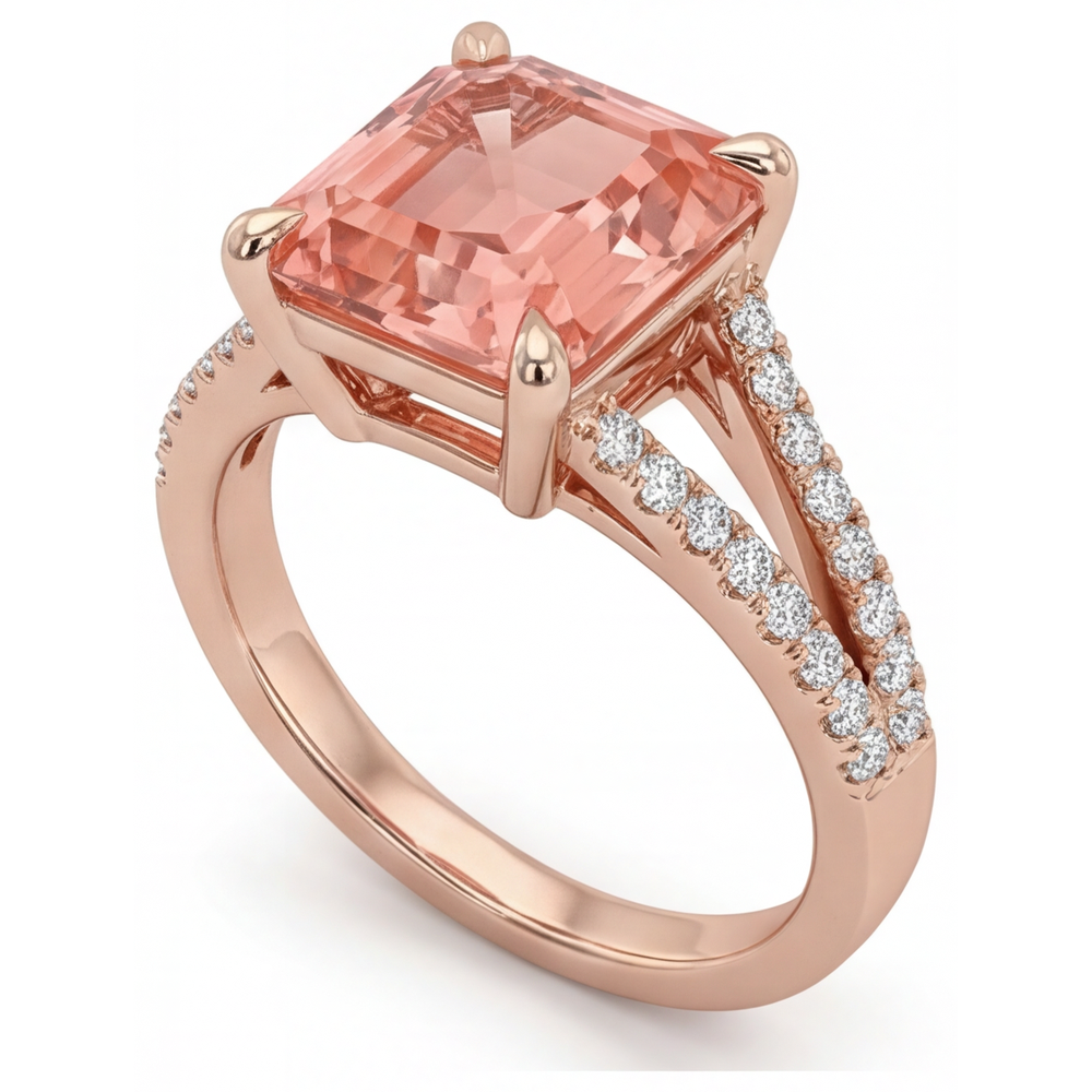 Anello di Fidanzamento con Zaffiro Pesca Padparadscha Taglio Smeraldo da Laboratorio da 4,3 Carati con Pavé in Oro Rosa 14K