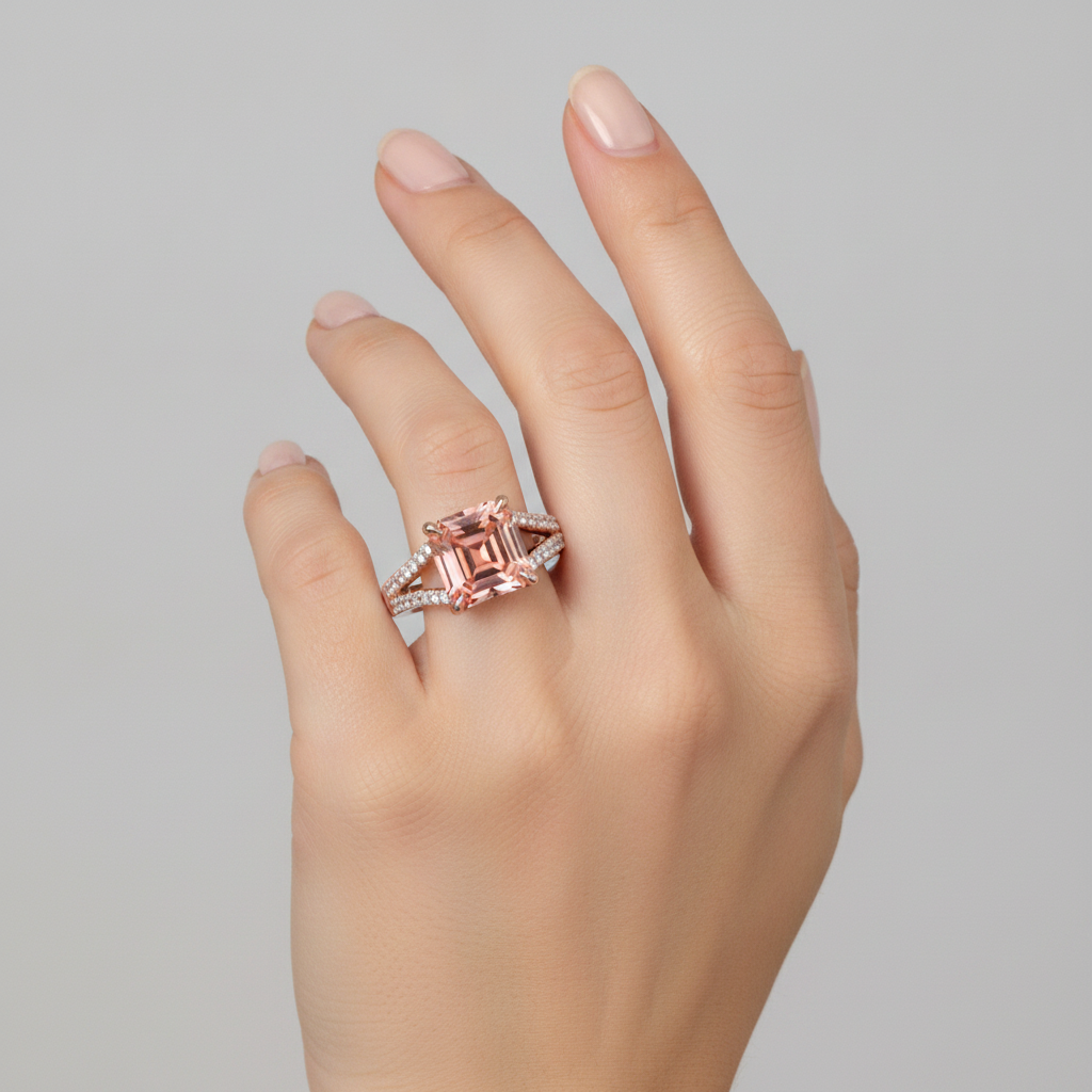 Anello di Fidanzamento con Zaffiro Pesca Padparadscha Taglio Smeraldo da Laboratorio da 4,3 Carati con Pavé in Oro Rosa 14K