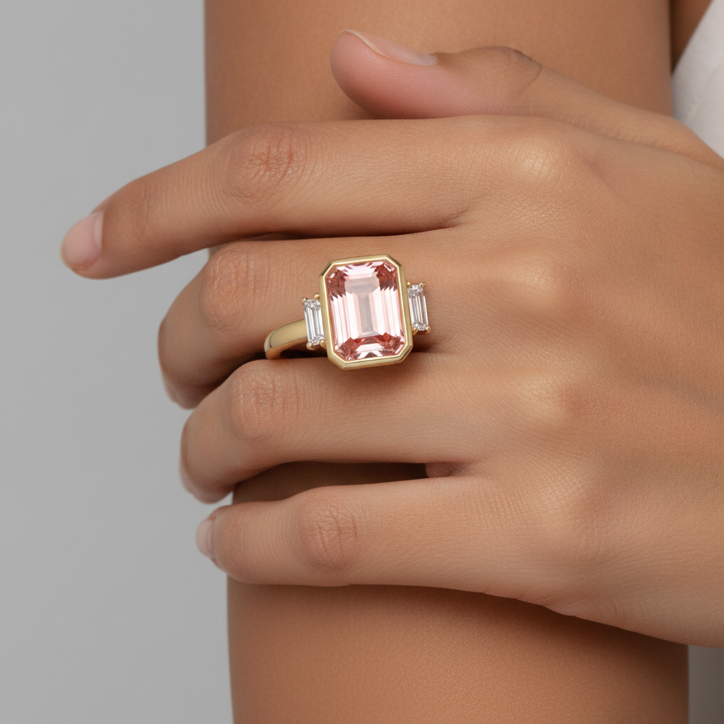 Anello a tre pietre con zaffiro Padparadscha creato in laboratorio da 4,6 carati taglio smeraldo e baguette bianchi con lunetta in Oro Giallo 14K