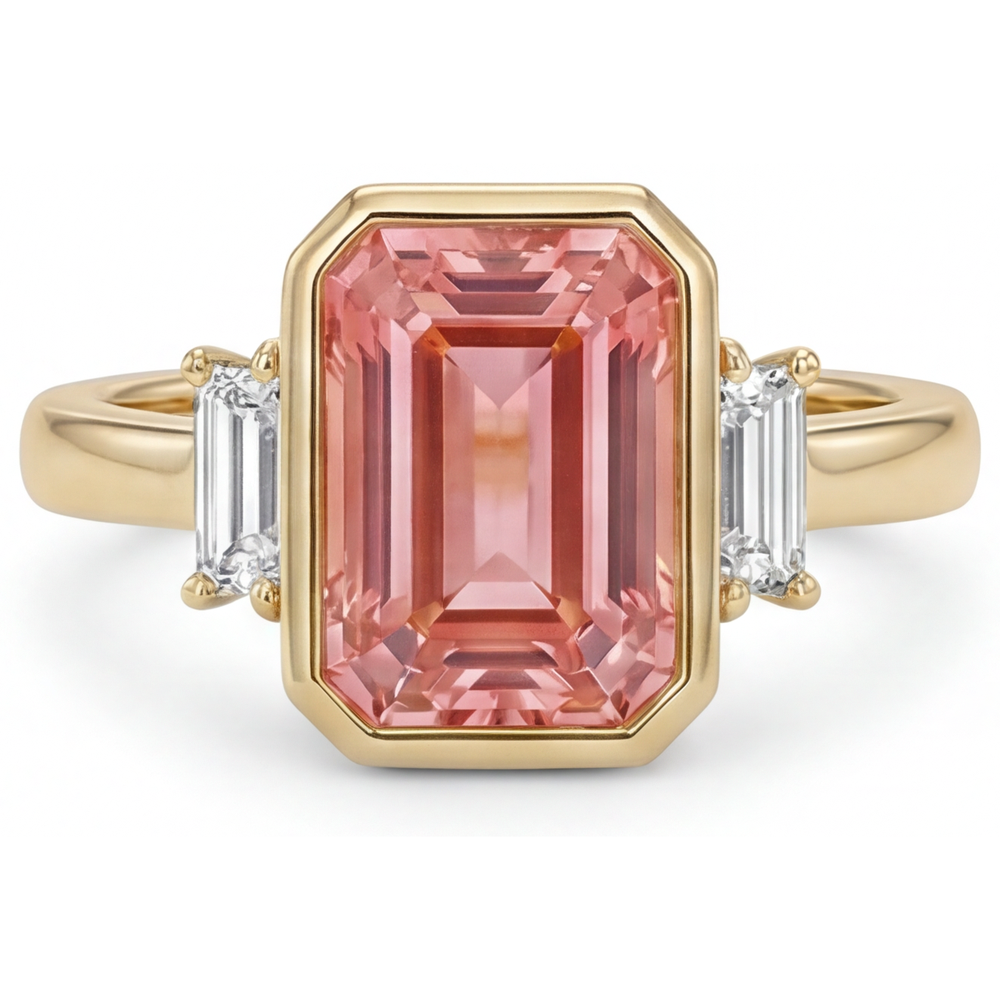 Anello a tre pietre con zaffiro Padparadscha creato in laboratorio da 4,6 carati taglio smeraldo e baguette bianchi con lunetta in Oro Giallo 14K