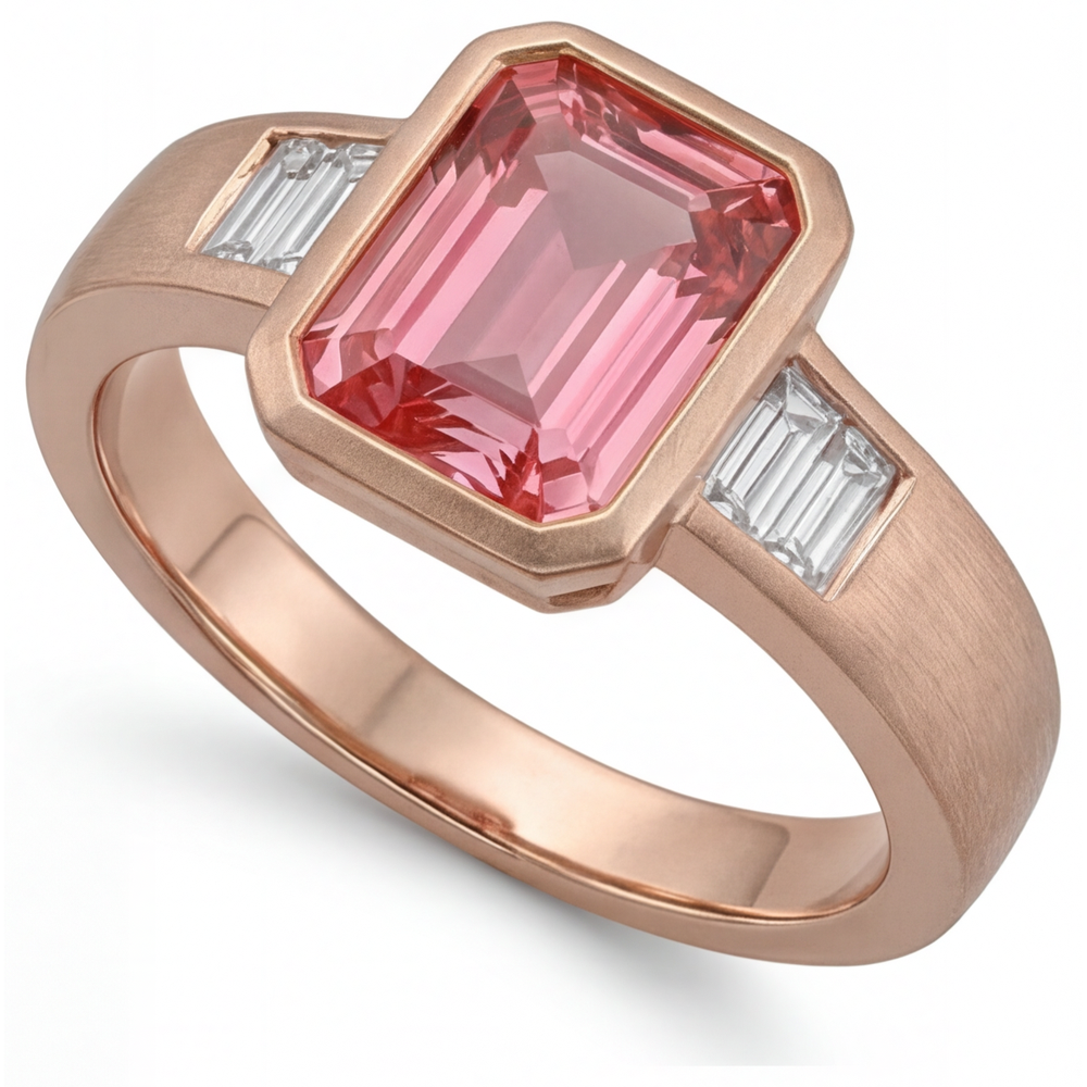 Anello a tre pietre in Oro Rosa 14K con zaffiro Padparadscha arancione da 2,9 carati, vero smeraldo e baguette bianche, Lunetta