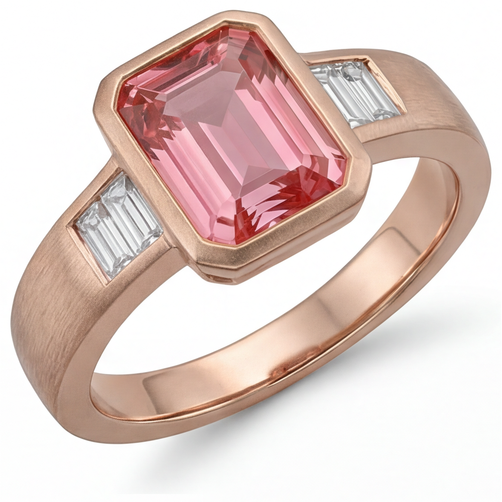 Anello a tre pietre in Oro Rosa 14K con zaffiro Padparadscha arancione da 2,9 carati, vero smeraldo e baguette bianche, Lunetta