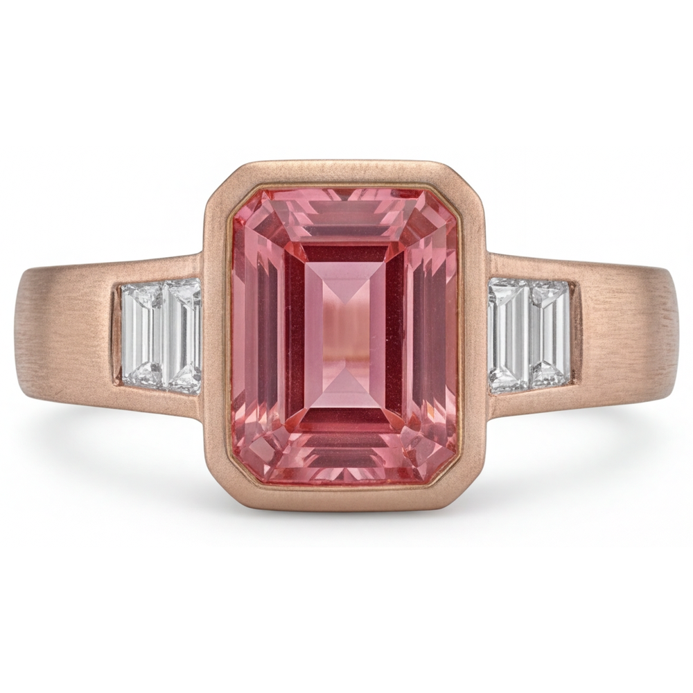 Anello a tre pietre in Oro Rosa 14K con zaffiro Padparadscha arancione da 2,9 carati, vero smeraldo e baguette bianche, Lunetta