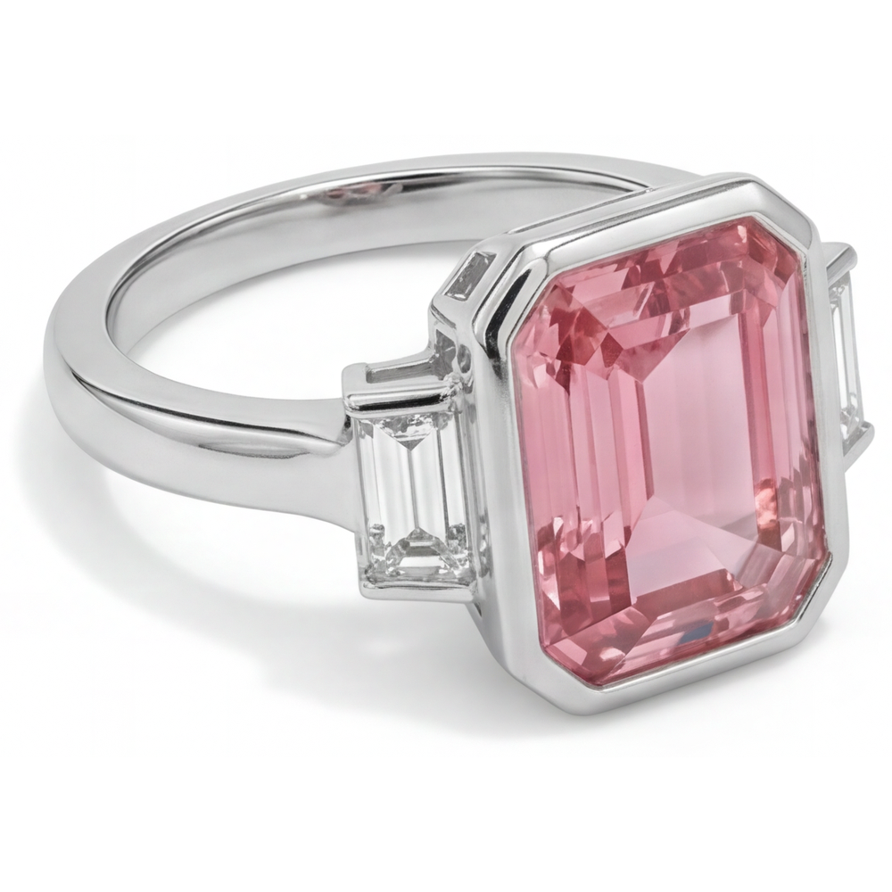 Anello di Fidanzamento Padparadscha da 3,9 Carati con Zaffiro Naturale Taglio Smeraldo e Baguette Bianche, Lunetta, a Tre Pietre in Oro 14K