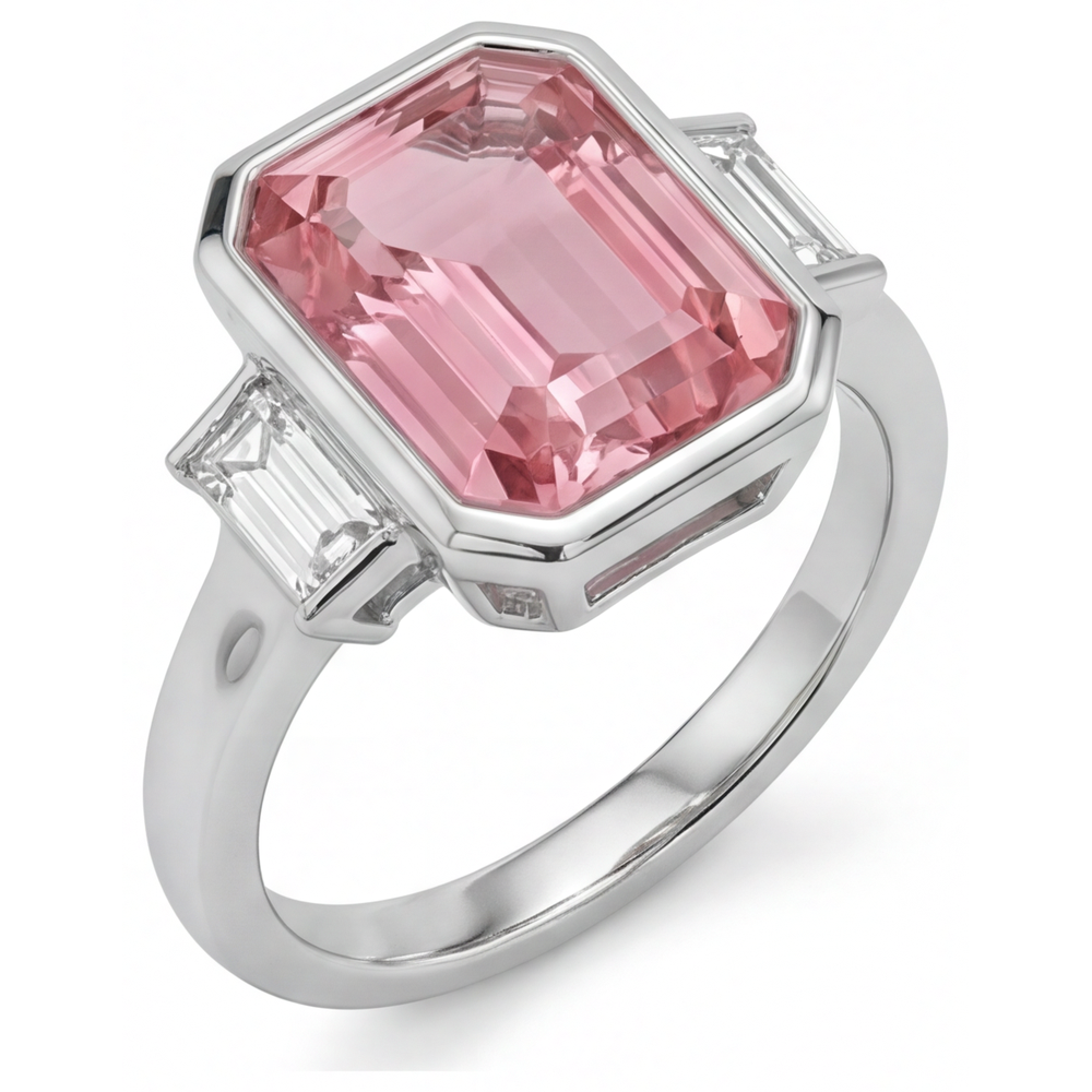 Anello di Fidanzamento Padparadscha da 3,9 Carati con Zaffiro Naturale Taglio Smeraldo e Baguette Bianche, Lunetta, a Tre Pietre in Oro 14K