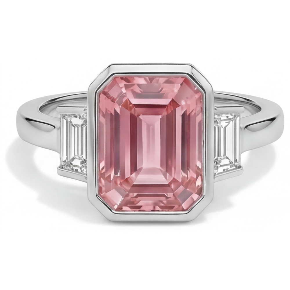 Anello di Fidanzamento Padparadscha da 3,9 Carati con Zaffiro Naturale Taglio Smeraldo e Baguette Bianche, Lunetta, a Tre Pietre in Oro 14K
