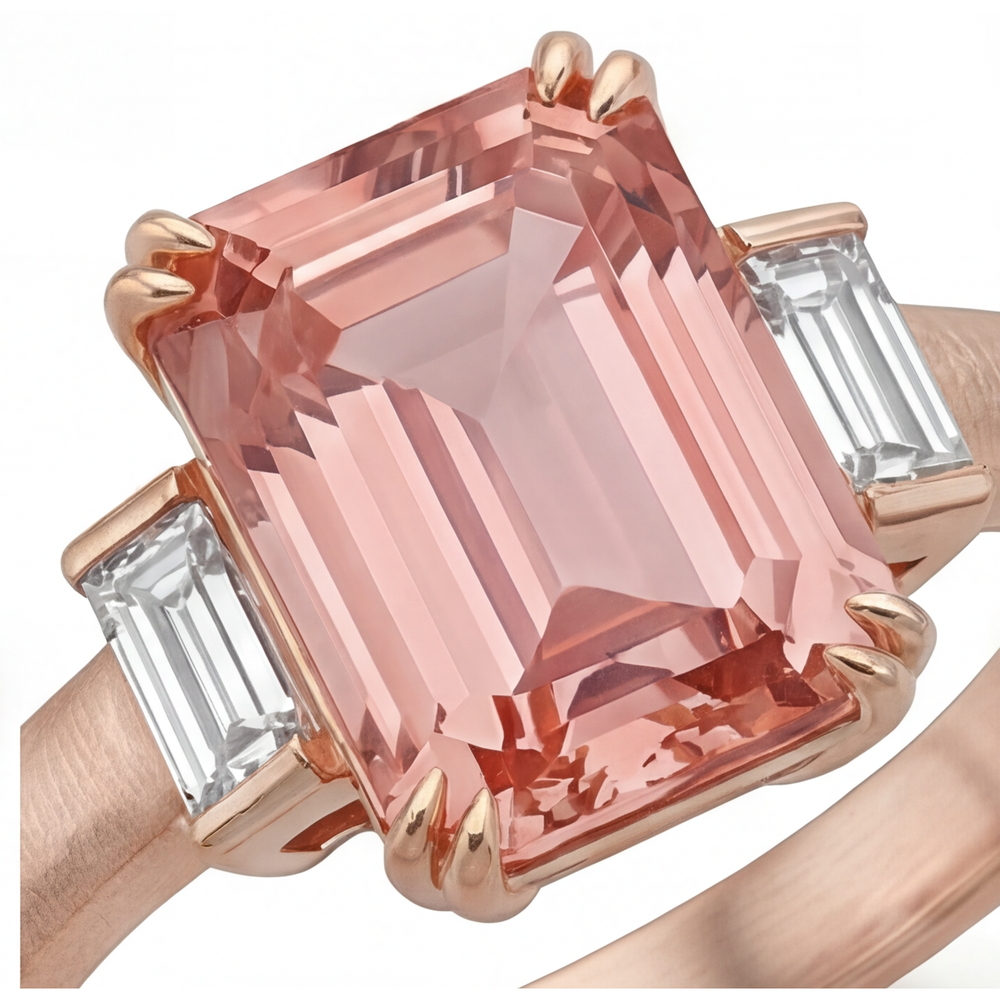 Anello a tre pietre in Oro Rosa 14K con zaffiro Padparadscha arancione da 3,9 carati, smeraldo naturale e baguette bianche