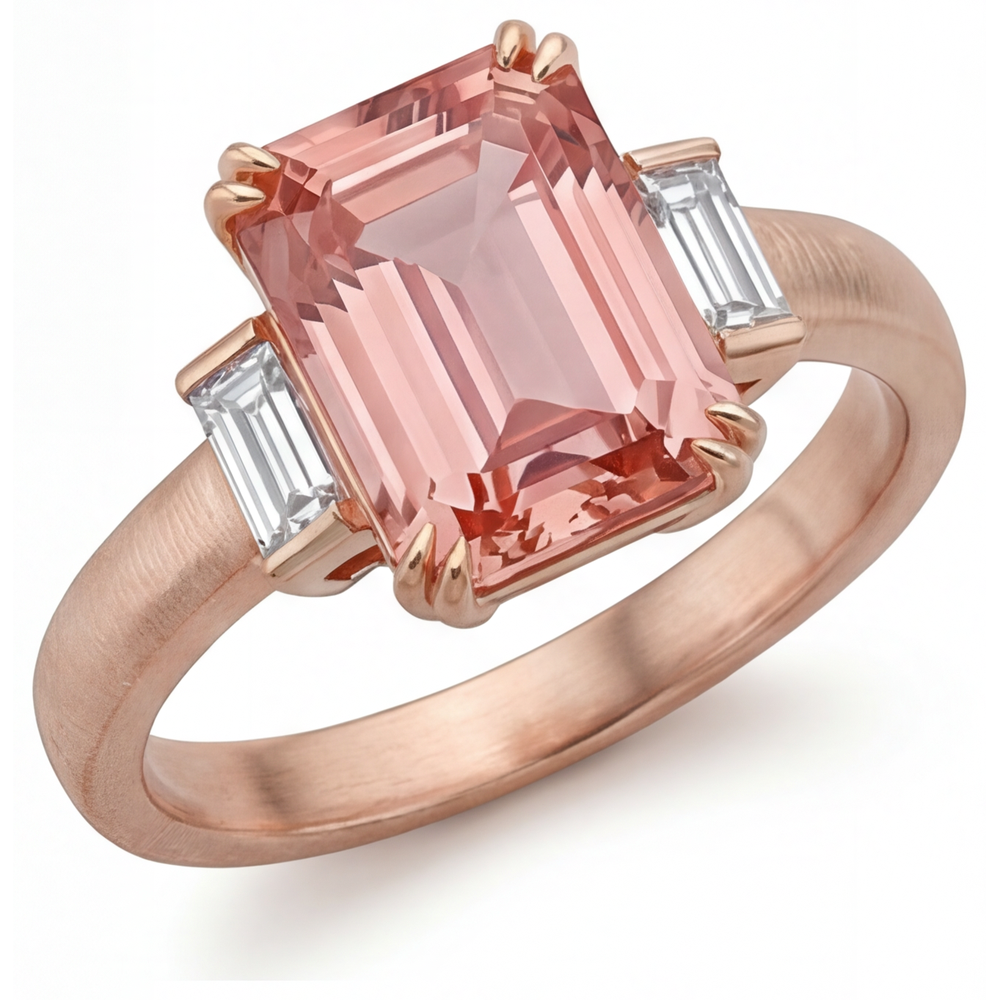 Anello a tre pietre in Oro Rosa 14K con zaffiro Padparadscha arancione da 3,9 carati, smeraldo naturale e baguette bianche
