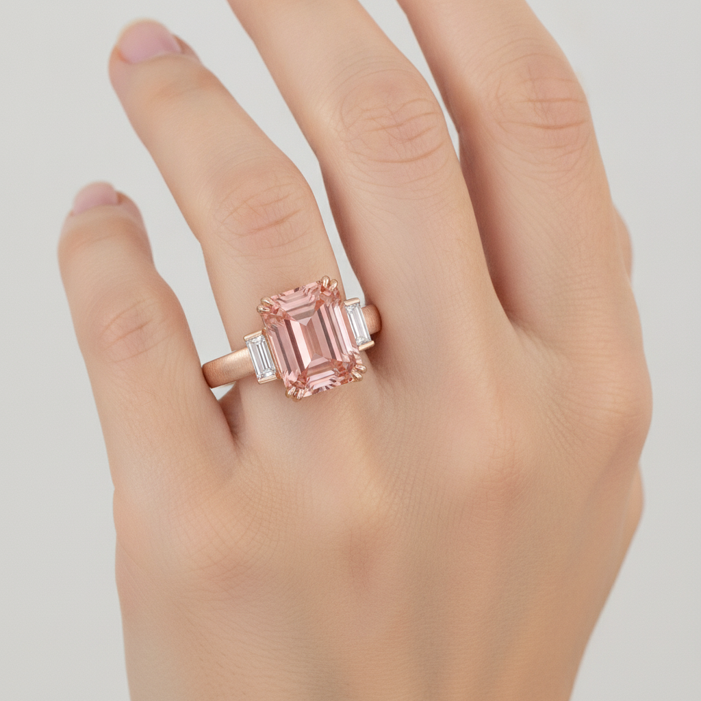 Anello a tre pietre in Oro Rosa 14K con zaffiro Padparadscha arancione da 3,9 carati, smeraldo naturale e baguette bianche