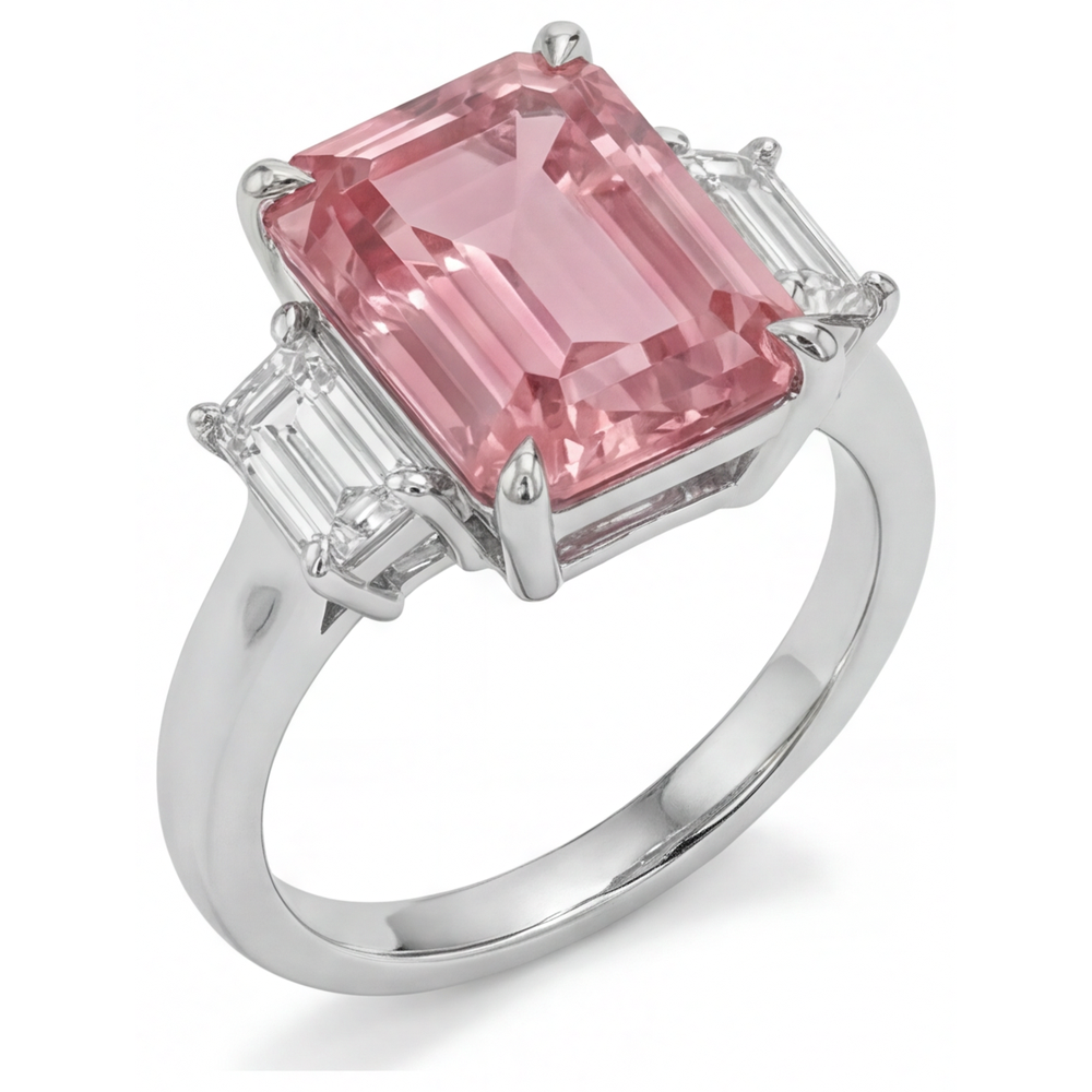 Anello a tre pietre con zaffiro Padparadscha naturale taglio smeraldo da 2,9 carati e baguette bianche in oro 14K liscio