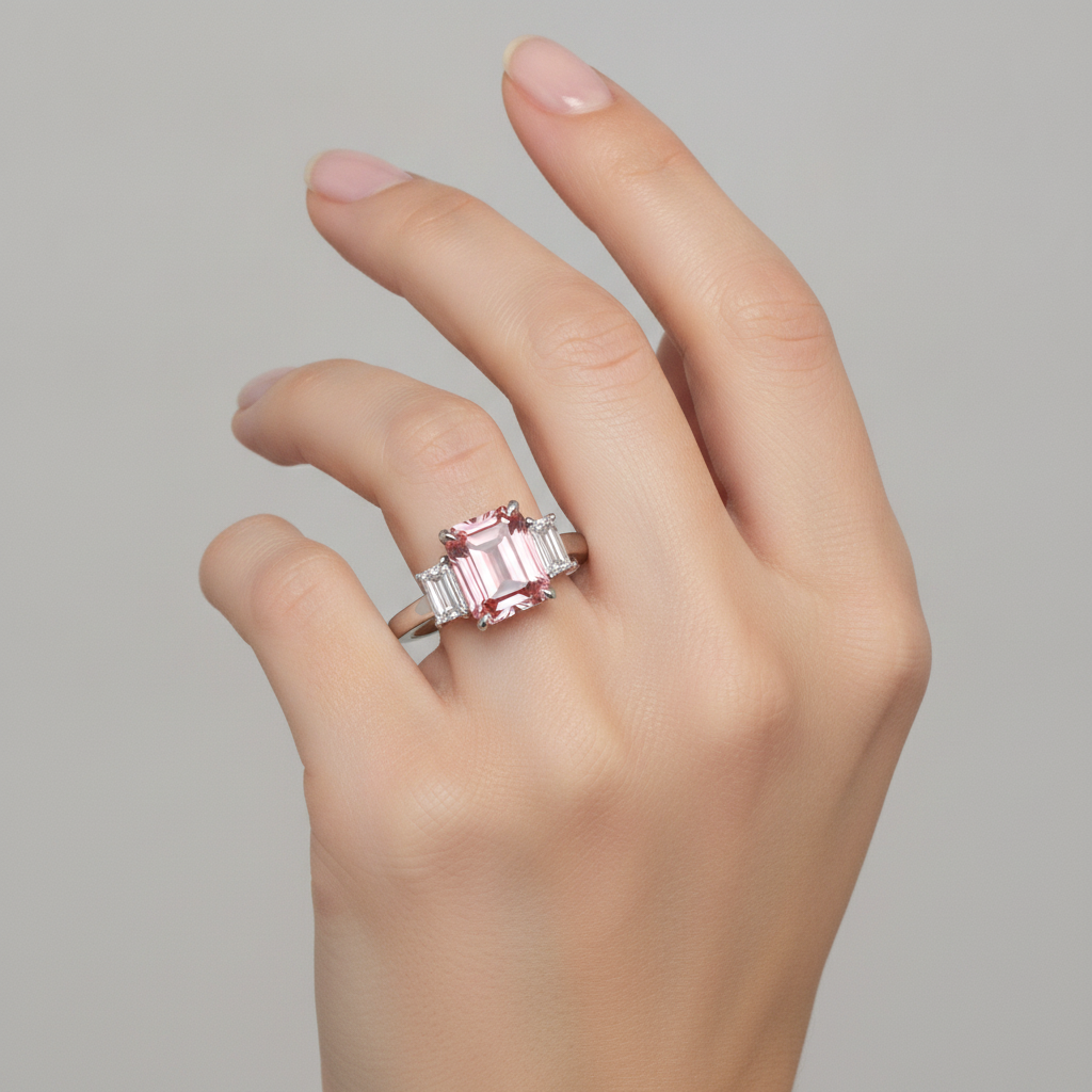 Anello a tre pietre con zaffiro Padparadscha naturale taglio smeraldo da 2,9 carati e baguette bianche in oro 14K liscio